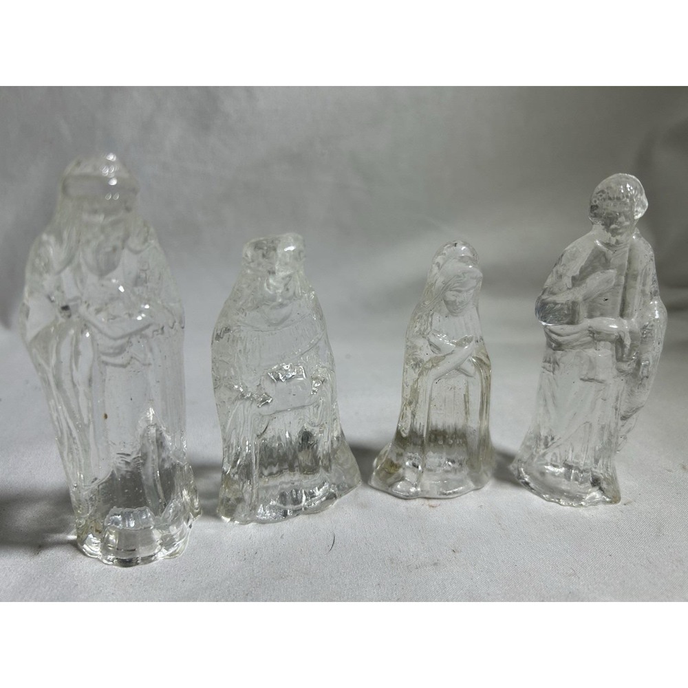 Vintage 4 Piece Heavy Clear Glass Nativity Set Mary Joeseph Wisemen 1990s